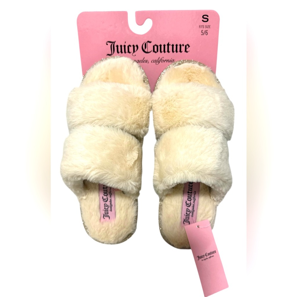 ✅SOLD✅New! Juicy Couture Cream Faux Fur Furry Swirl Slippers Women’s Sz S (5-6) - Picture 1 of 4